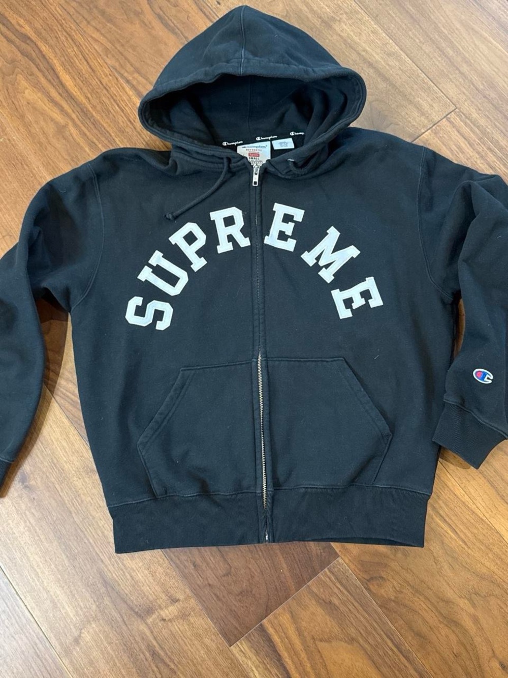 Supreme Black Zip Hoodie with White Arch Logo